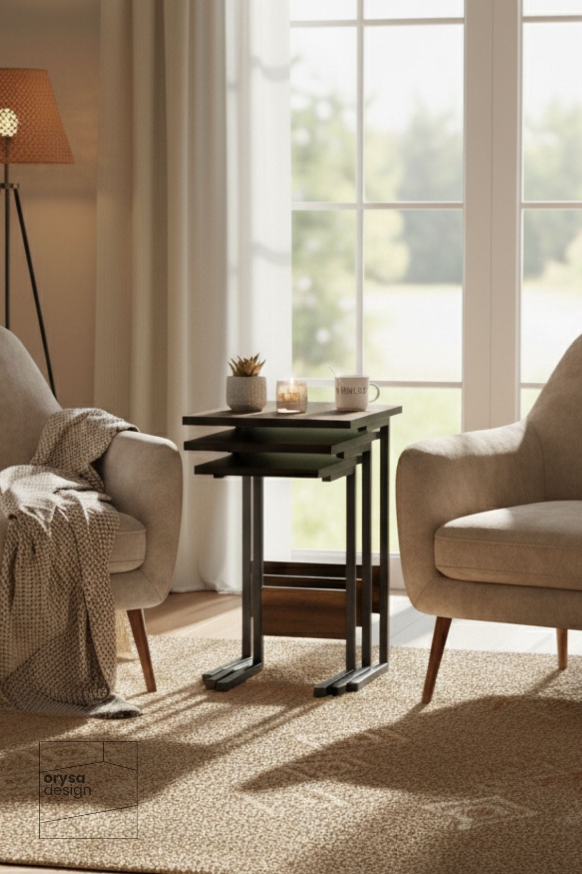 ZS-3 Metal Ayaklı 3'lü Zigon Sehpa Seti, Barok Ceviz