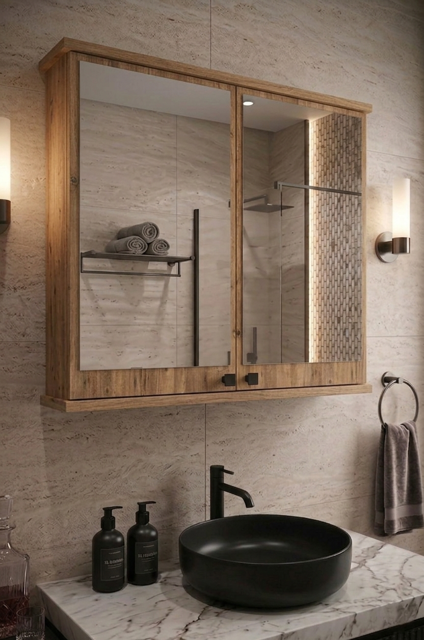 Lavabo Üstü Aynalı Banyo Dolabı, 2 Kapaklı - Atlantik Çam (AD-1)