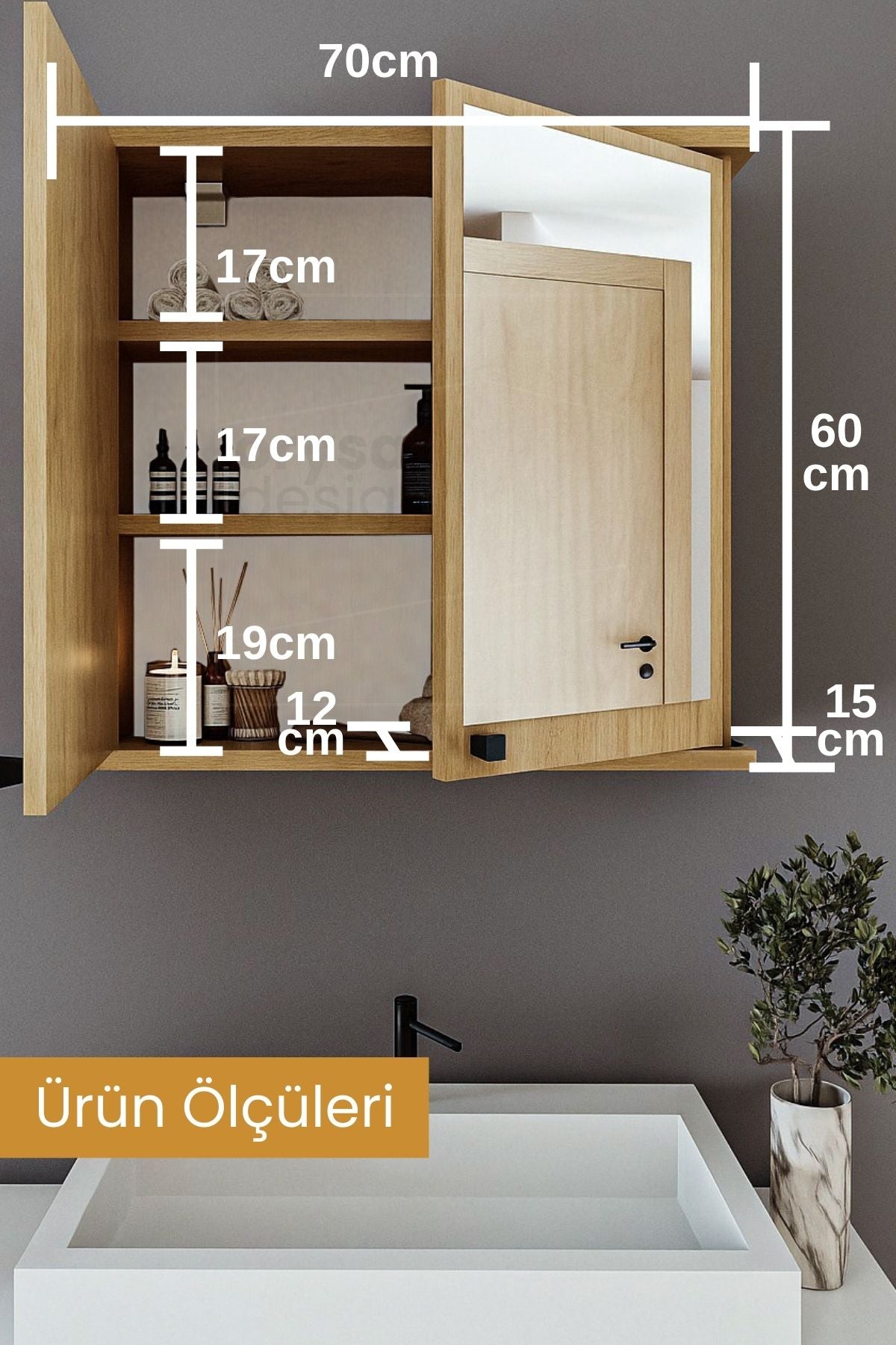 AD-1 Banyo Dolabı, 2 Kapaklı Lavabo Üstü Aynalı Banyo Dolabı - Atlantik Çam