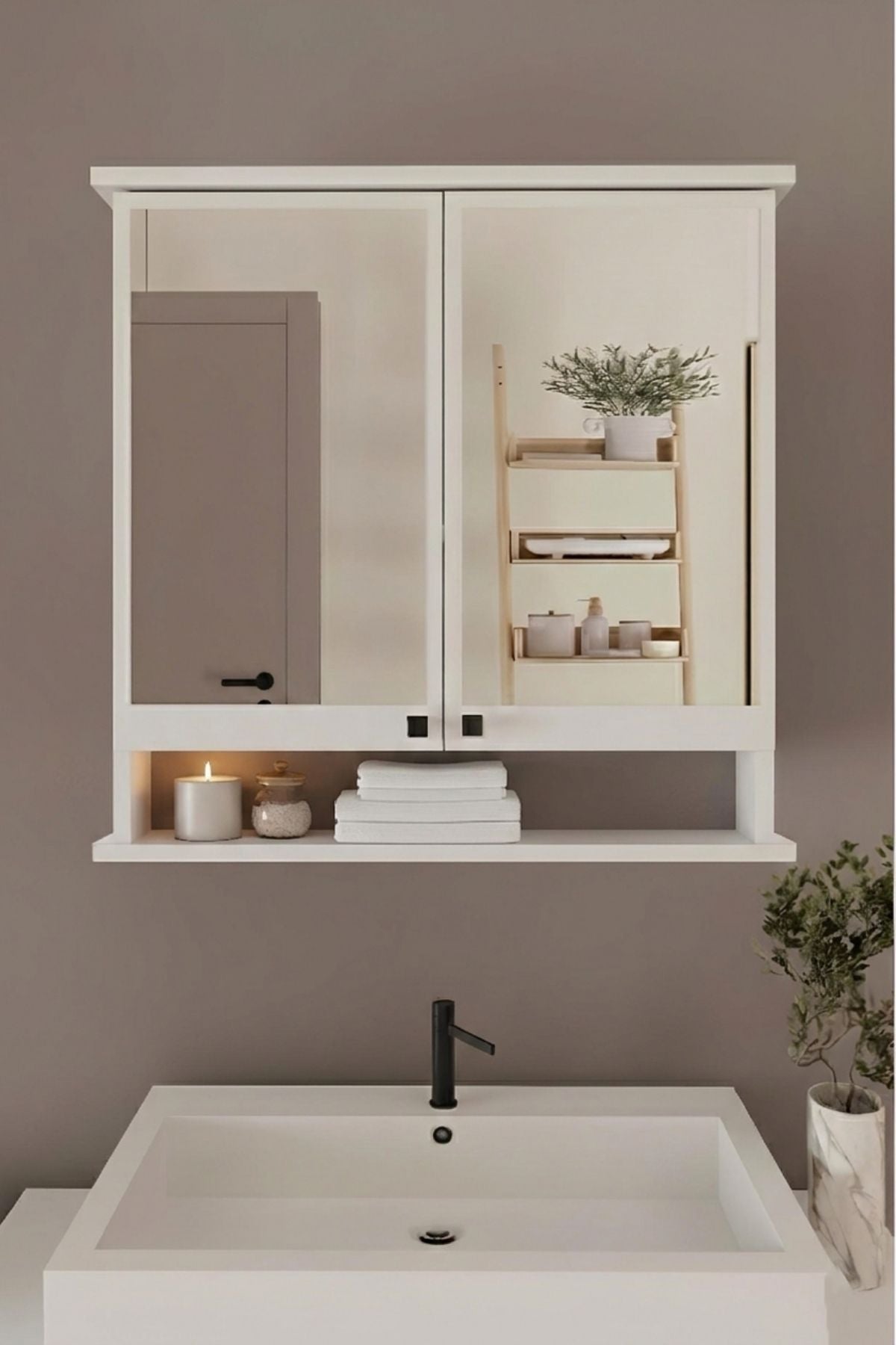 AD-3 Raflı Banyo Dolabı, 2 Kapaklı Lavabo Üstü Aynalı Banyo Dolabı - Beyaz
