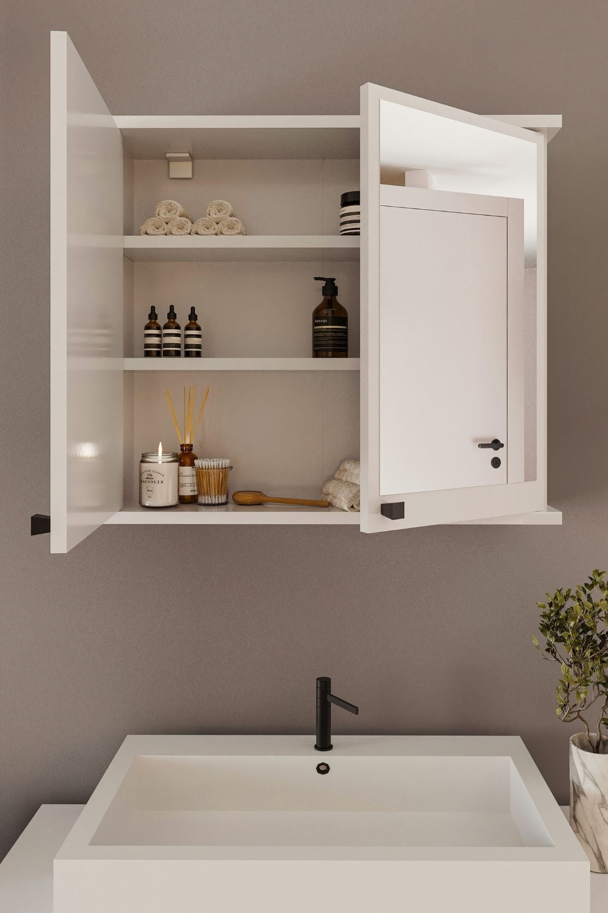 AD-1 Banyo Dolabı, 2 Kapaklı Beyaz Lavabo Üstü Aynalı Banyo Dolabı, Çok Amaçlı Dolap