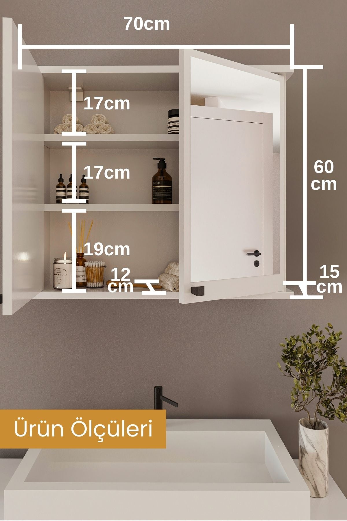 AD-1 Banyo Dolabı, 2 Kapaklı Beyaz Lavabo Üstü Aynalı Banyo Dolabı, Çok Amaçlı Dolap