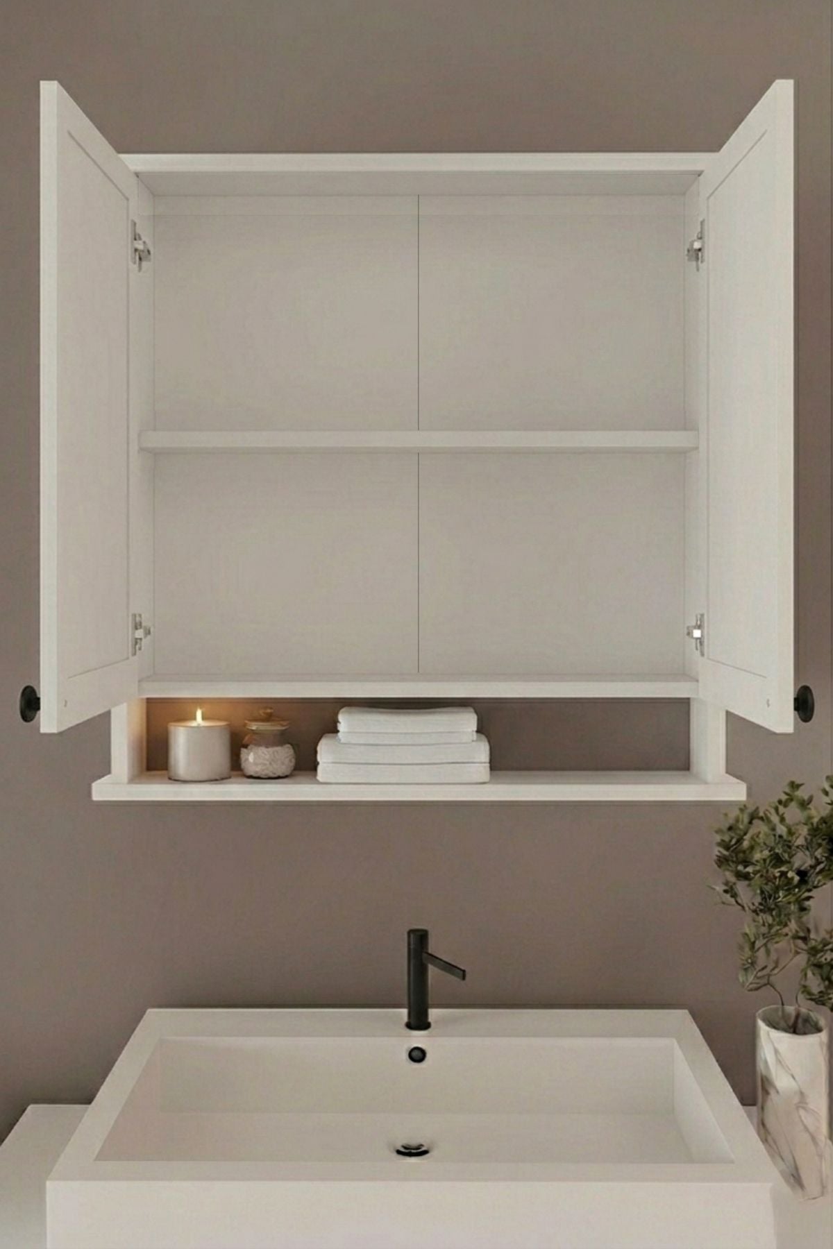 AD-3 Raflı Banyo Dolabı, 2 Kapaklı Lavabo Üstü Aynalı Banyo Dolabı - Beyaz