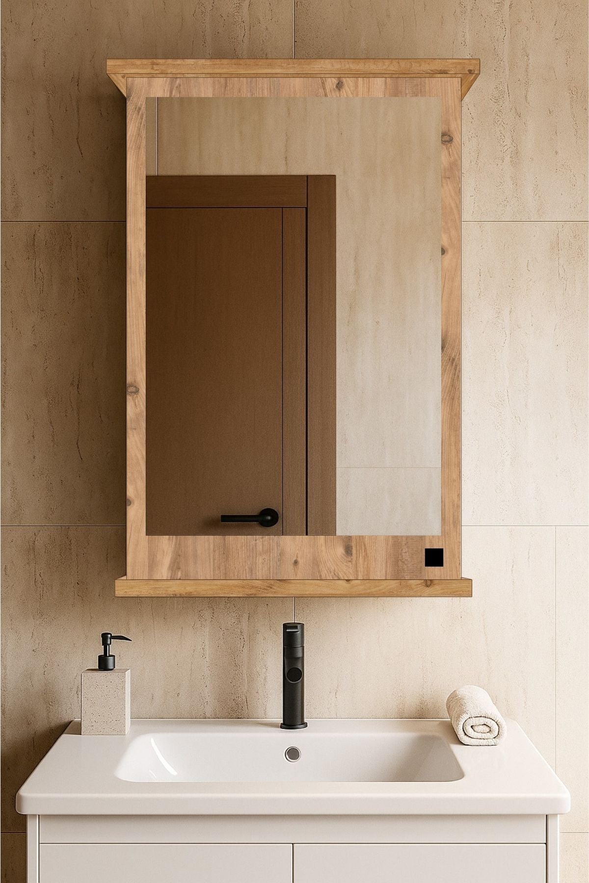 Lavabo Üstü Aynalı Banyo Dolabı, Tek Kapaklı - Atlantik Çam (AD-2)