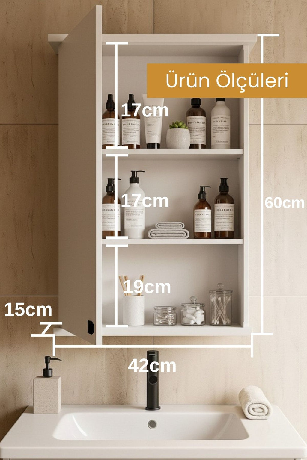 AD-2 Banyo Dolabı, Tek Kapaklı Lavabo Üstü Aynalı Banyo Dolabı - Beyaz