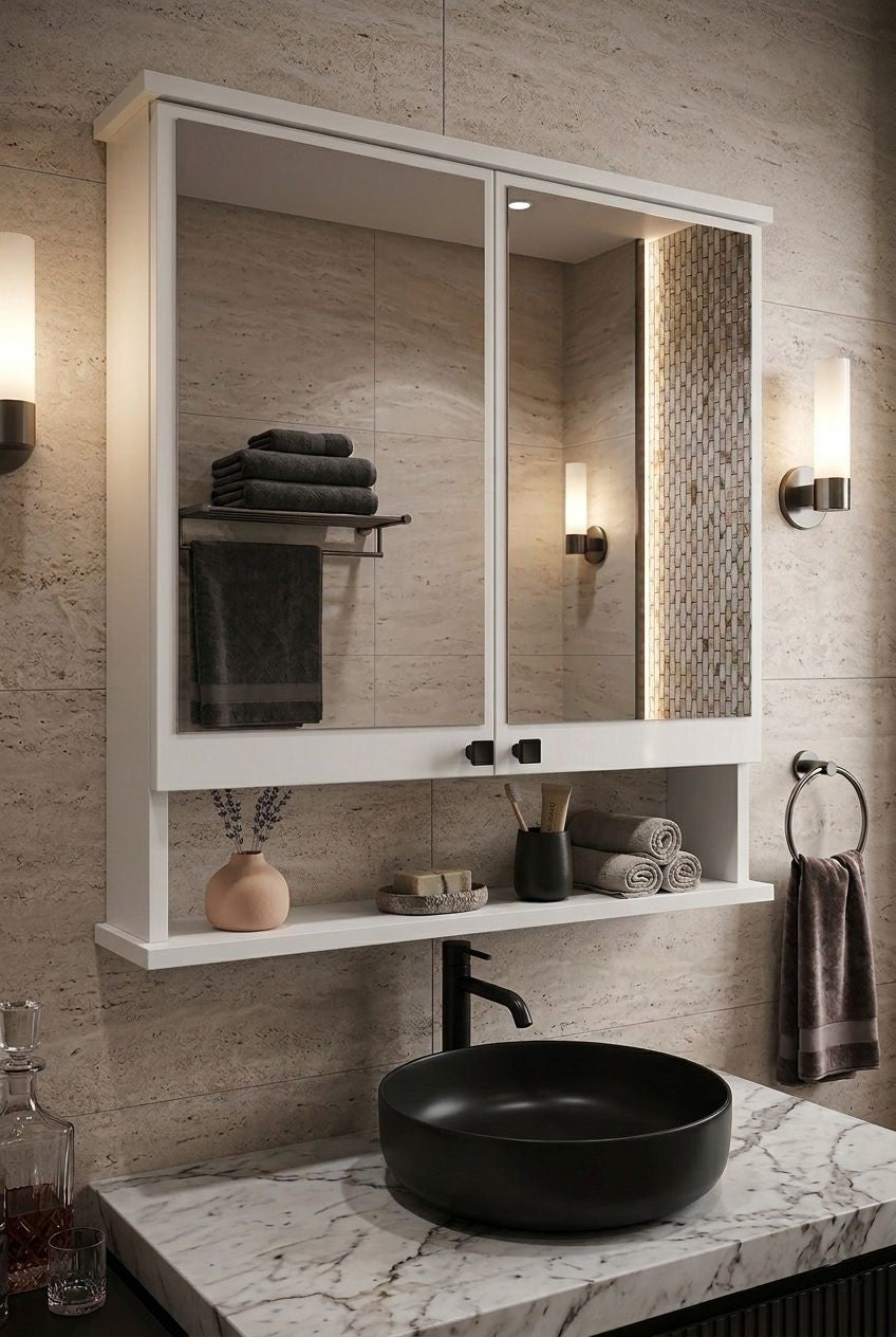 AD-3 Raflı Banyo Dolabı, 2 Kapaklı Lavabo Üstü Aynalı Banyo Dolabı - Beyaz