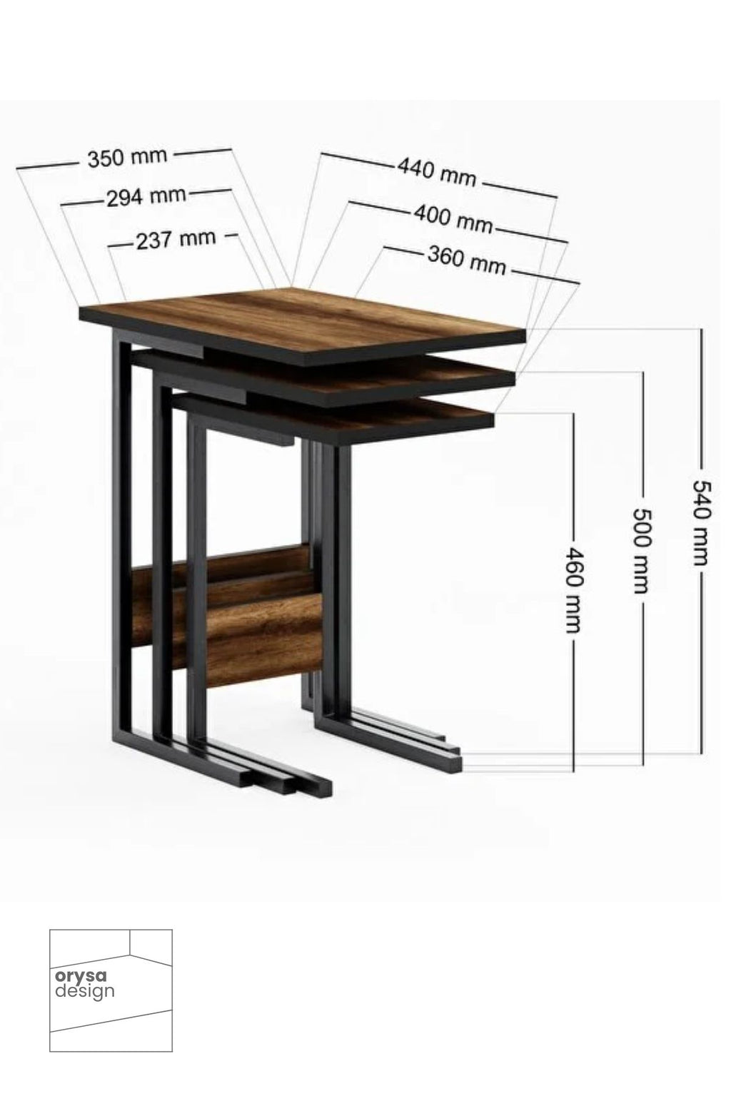 ZS-3 Metal Ayaklı 3'lü Zigon Sehpa Seti, Barok Ceviz