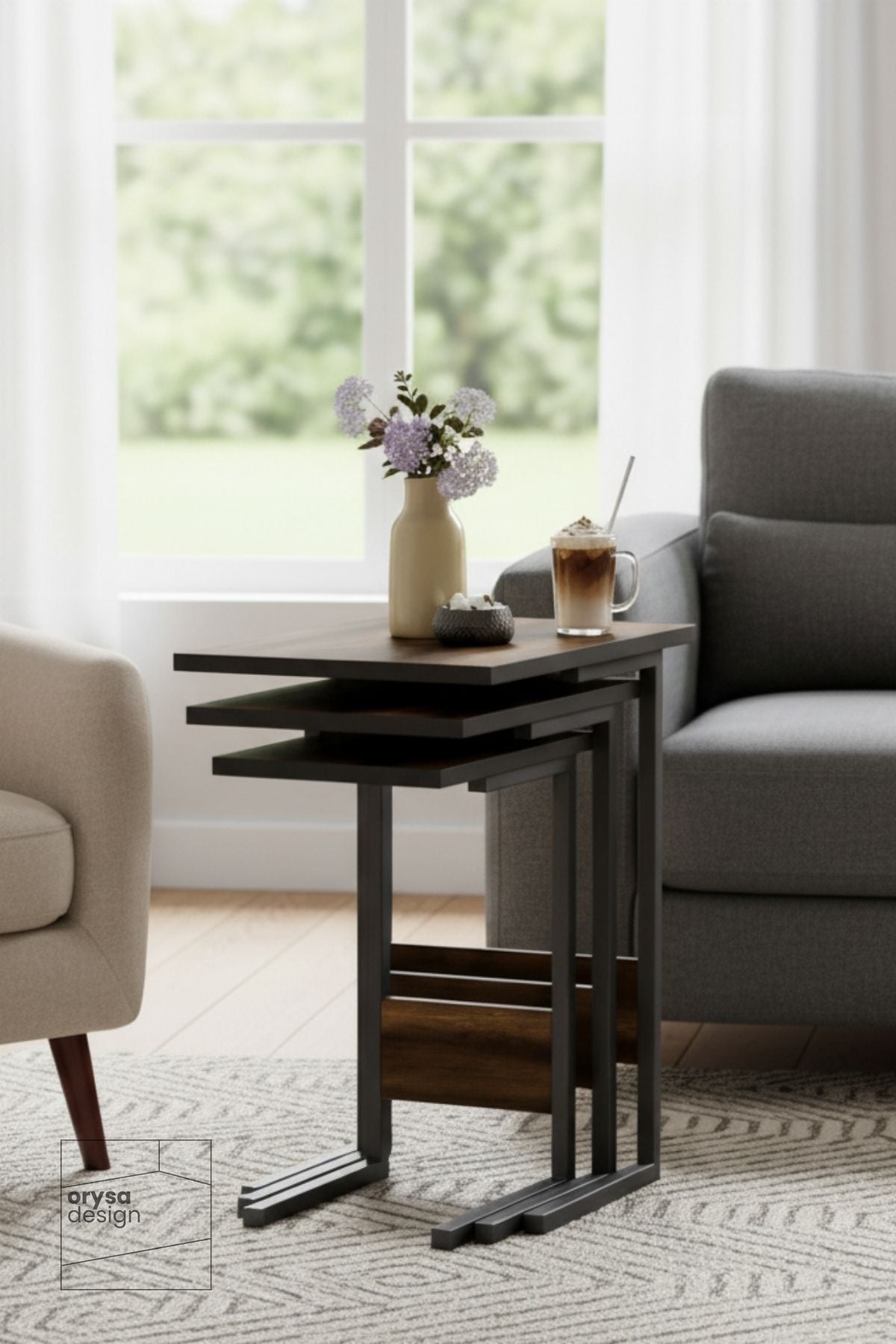 ZS-3 Metal Ayaklı 3'lü Zigon Sehpa Seti, Barok Ceviz